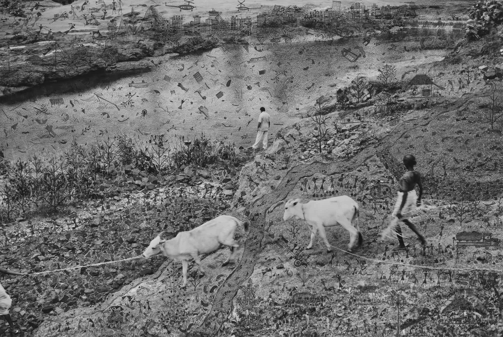 A black and white picture of 2 men and 2 white cows walking on a muddy hillside.