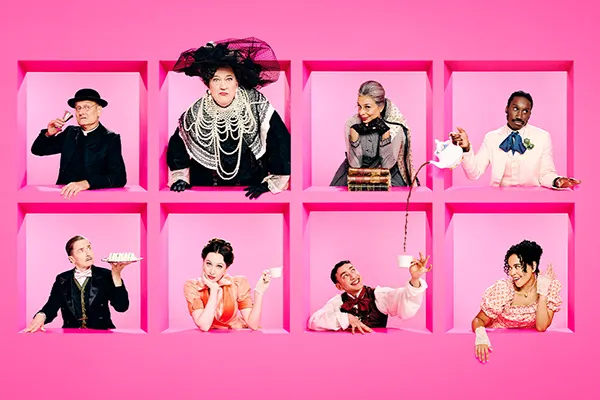 Artwork with a bright pink background and 8 actors in period costumes at different windows looking at each other.