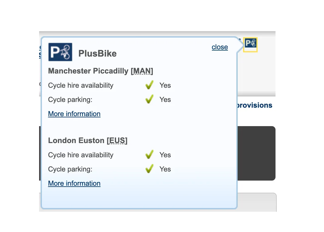 Text box showing PlusBike cycle information for a journey from Manchester Piccadilly to London Euston