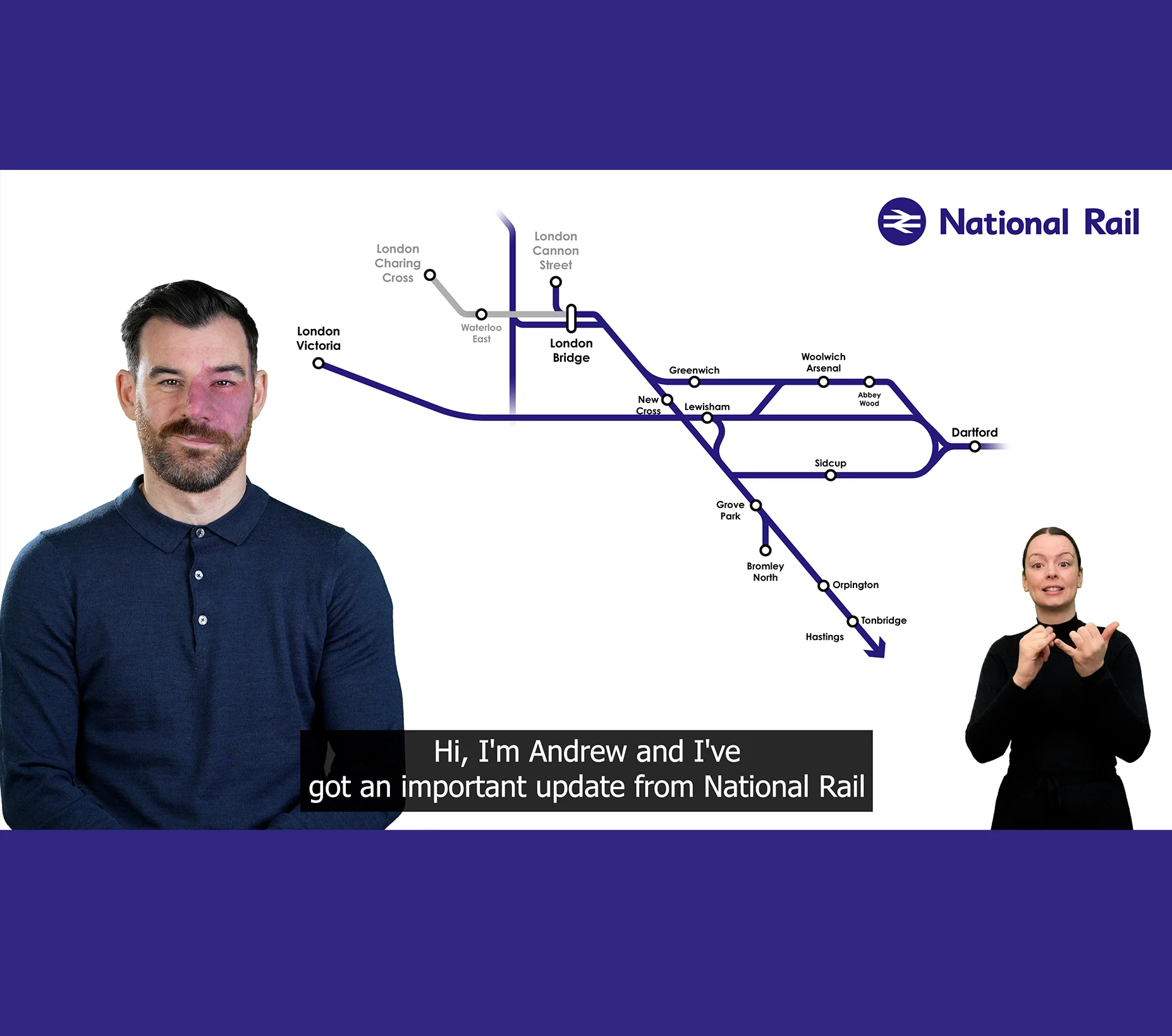 Screenshot of a video with a white man in front of a map of a rail network, with subtitles and a white woman British Sign Language interpreter. 