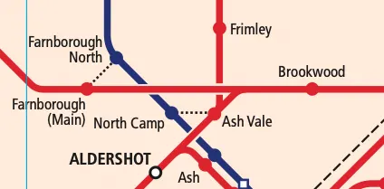 Close up section of a rail map showing the routes around Farnborough and Aldershot
