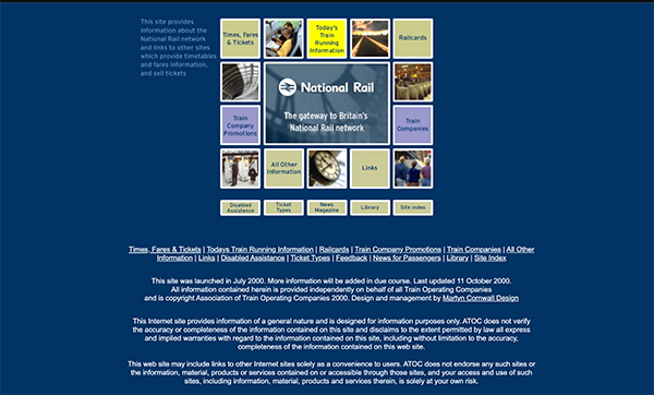 image of the National Rail website homepage from 2000 with small information tiles on a dark blue background