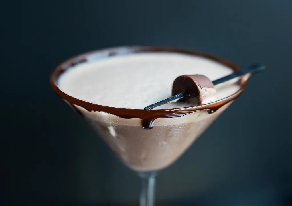Close up of a chocolate martini drink in a cocktail glass. 