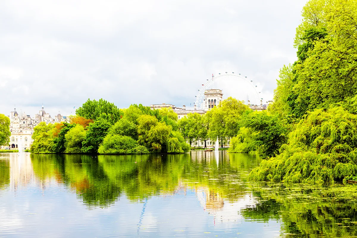 St. James's Park lake in London, with lush green trees, a small fountain, and the London Eye visible in the background.