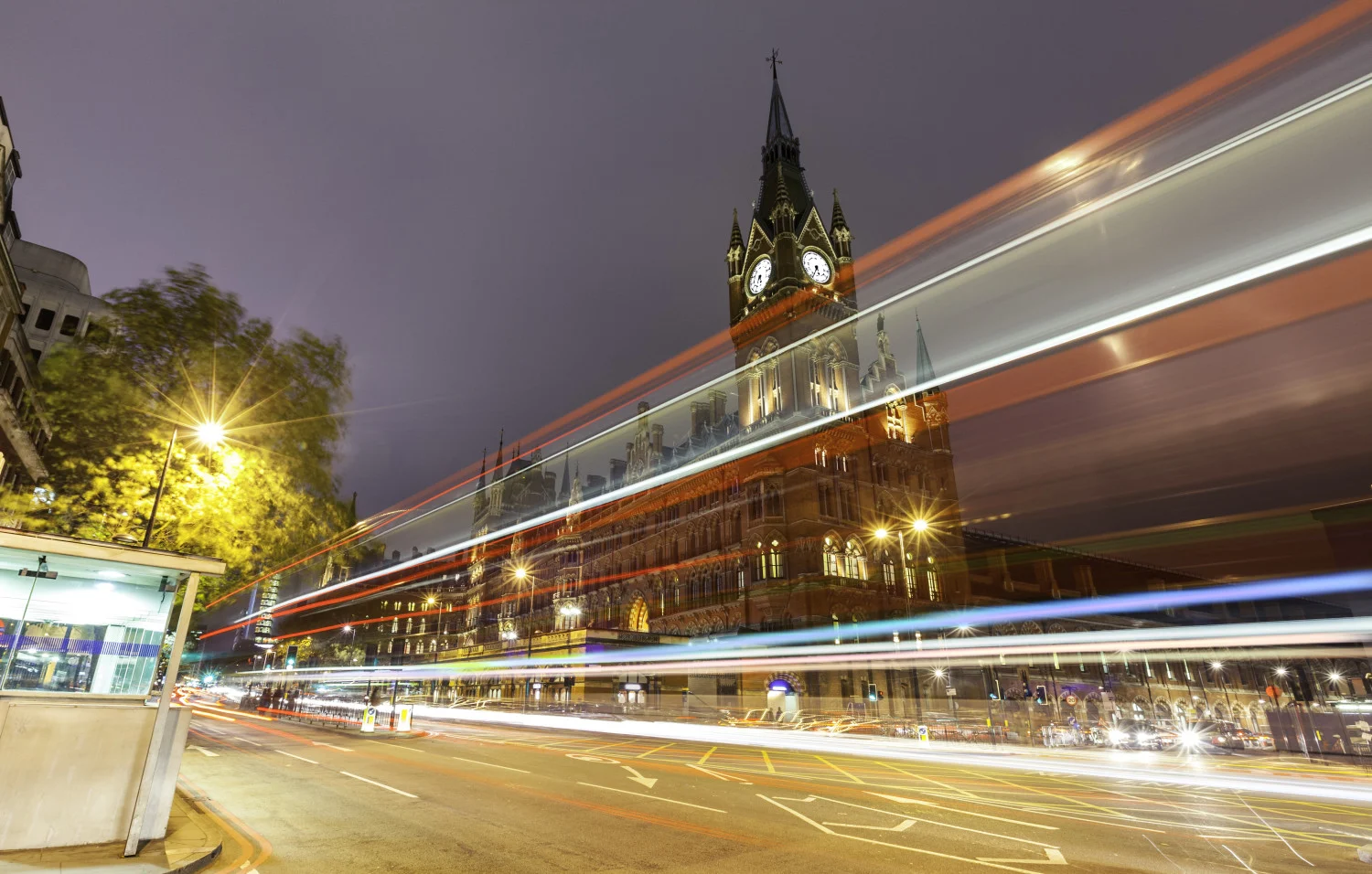 A photo of the clock tower of St Pancras International station in London