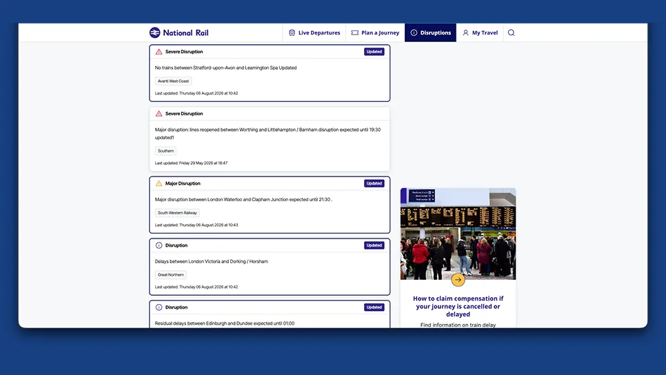National Rail website disruptions page showing severe and major rail disruption alerts across multiple UK train operators.