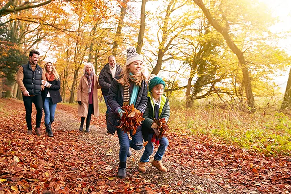 A multigenerational white family dressed in warm clothing, walking among fallen leaves in a wood on an autumn day. 