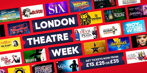 Multiple theatre posters on a red background with the words LONDON THEATRE WEEK in white on a dark blue box.