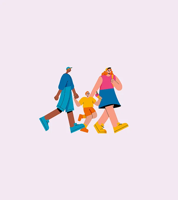 Illustration of a family of 3 walking together, with 2 adults holding hands with a young child between them.
