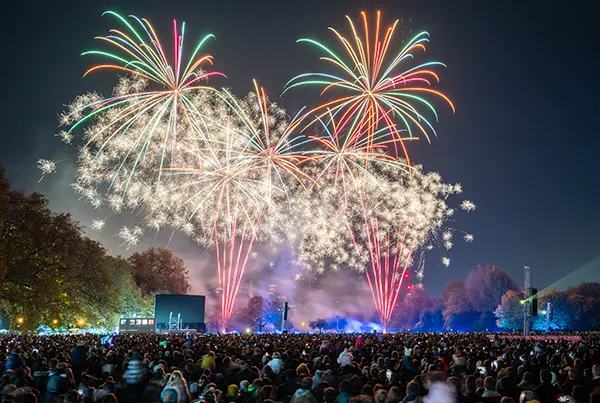 A large crowd of people in a park at night watching a huge fireworks display. 