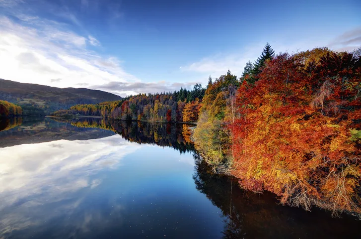 View of Loch Faskally in autumn with the trees on the bank displaying a wide range of brightly coloured leaves