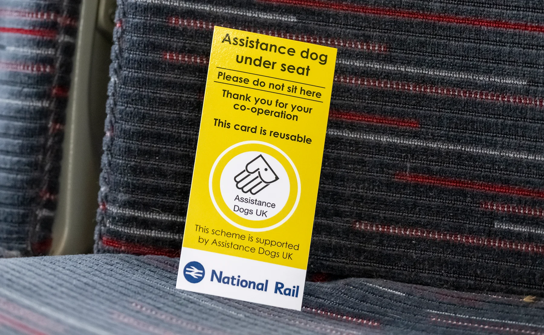 A yellow Assistance dog under seat card placed on a train seat.