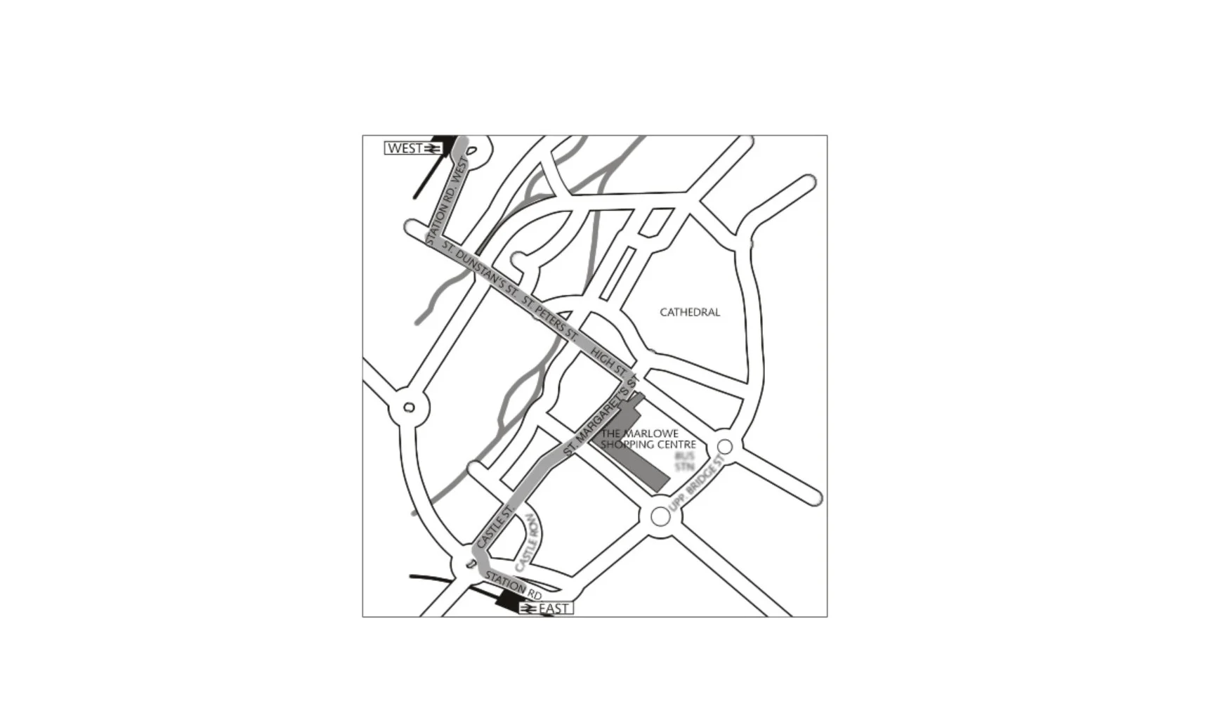 Map of street-level route between stations