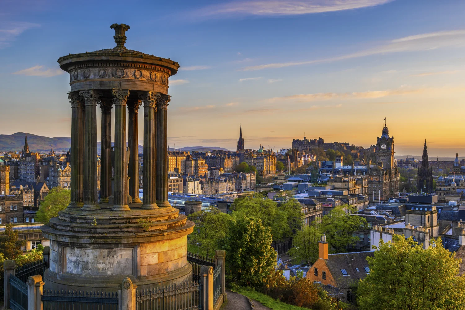 View from Calton Hill in Edinburgh with Dugald Stewart Monument in foreground