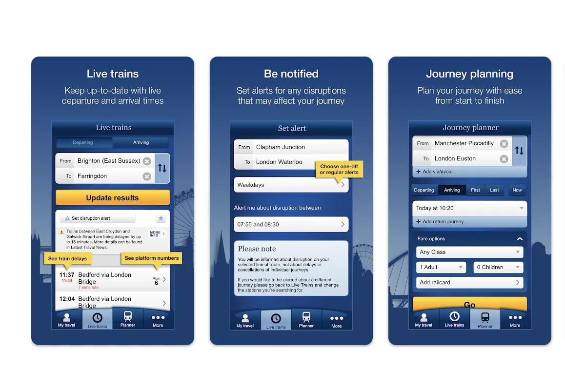3 example screens of the National Rail Enquires app interface.