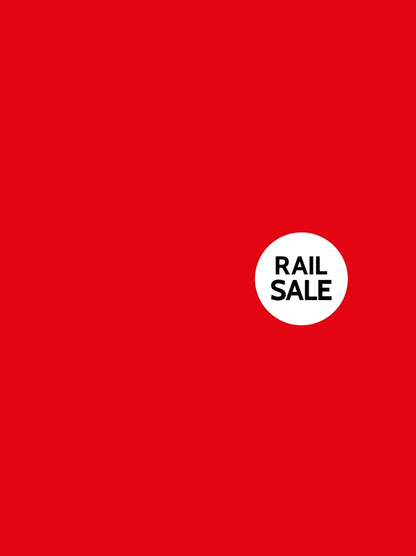 Red background with white button and black text that says RAIL SALE. 
