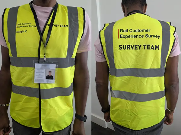 2 images of a Black man's torso, the first showing a high-viz yellow vest and lanyard from the front, and the second showing a high-viz yellow vest that says Rail Customer Experience Survey SURVEY TEAM from the back.
