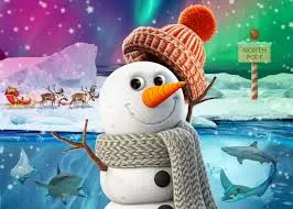 A cartoon snowman with a red wooly hat in front of a snowy landscape with aquatic creatures visible beneath the ground and Santa's sleigh moving across the top. 