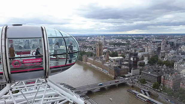Aerial view of a London Eye cabin with the river Thames and Houses of Parliament in the background