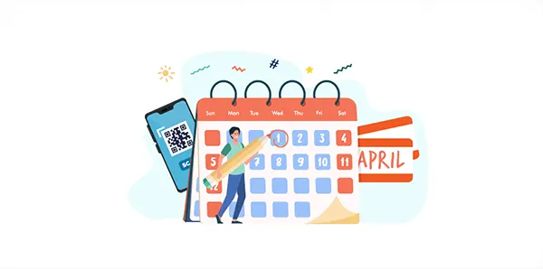 Illustration of a person standing next to a large April calendar with highlighted dates and a smartphone showing a QR code.