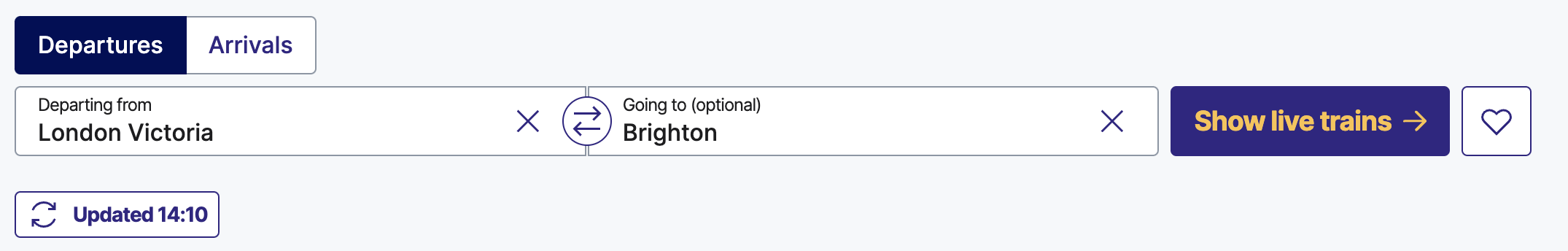 example of live trains departure board image from the National Rail website. It shows where the customer has input a journey from London Victoria to Brighton then the button to show live trains