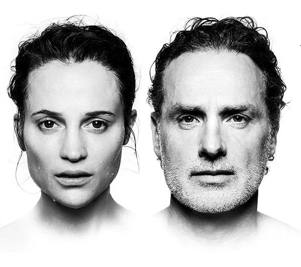 Black and white image of the faces of actress Alicia Vikander and actor Andrew Lincoln. 
