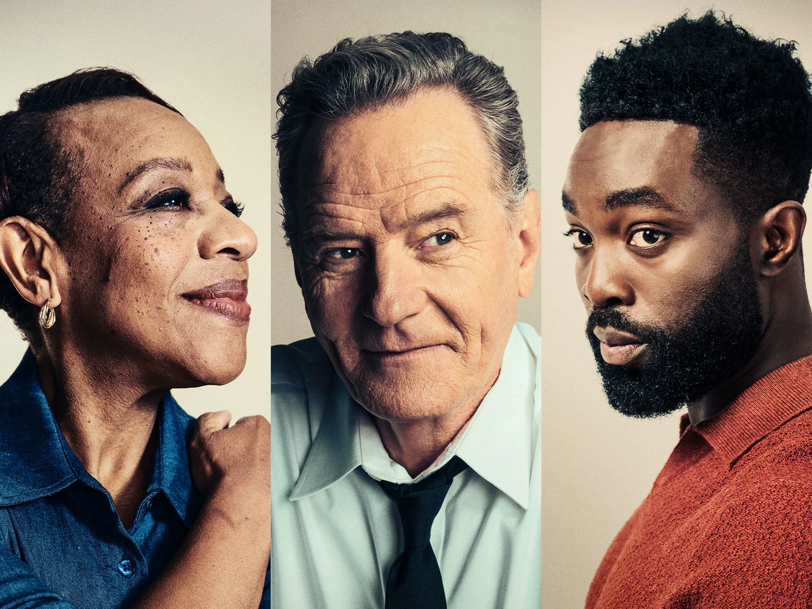 Head shot images of Marianne Jean-Baptiste (a Black woman), Bryan Cranston (a white man), and Paapa Essiedu (a Black man)