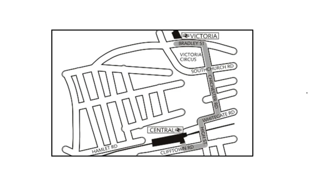 Map of street-level route between stations