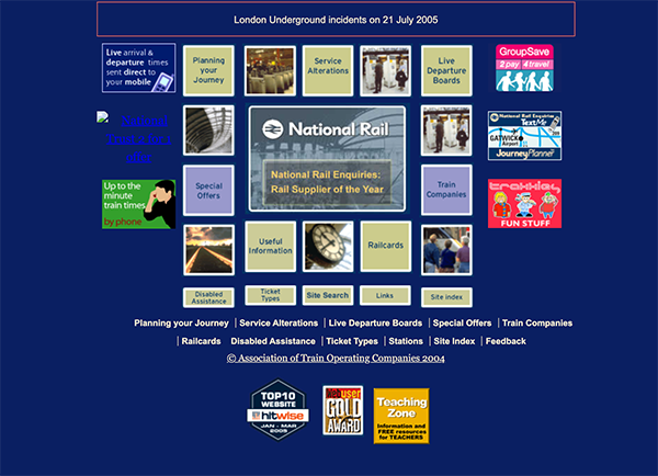 image of the National Rail website homepage from 2005 with small information tiles on a dark blue background