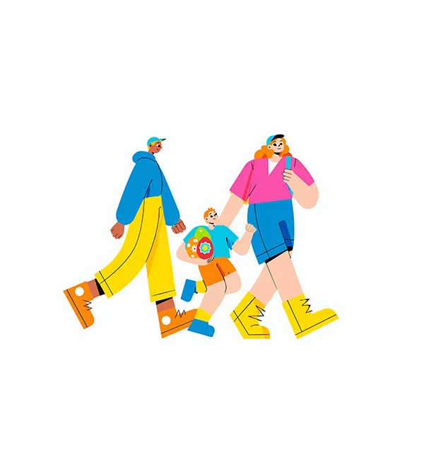 Illustration of 2 adults and a child wearing colourful clothing and heading off on a journey.