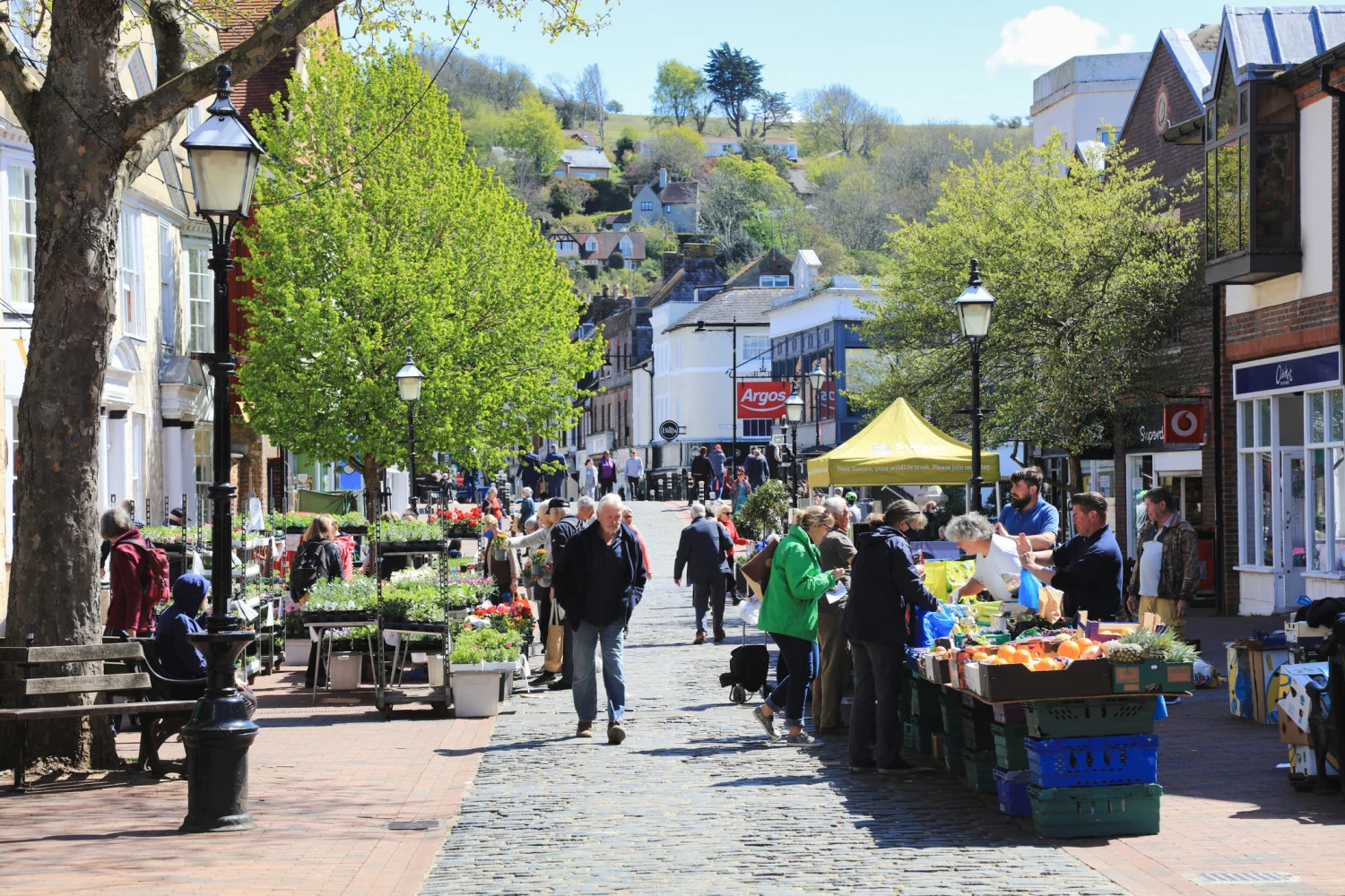 Market stalls along Cliffe High St in Lewes busy with visitors.