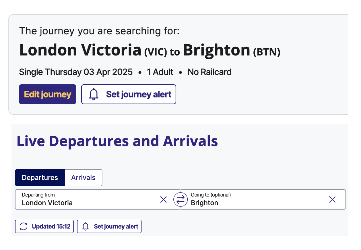 example of the National Rail website section for planning a rail journey