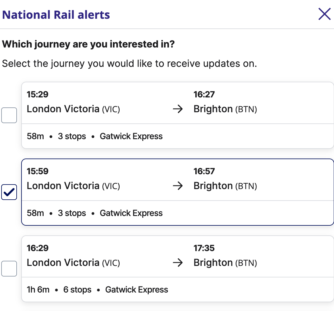 example of the National Rail website section for choosing a rail journey to set an alert for