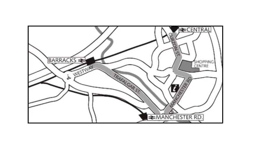 Map of street-level route between stations