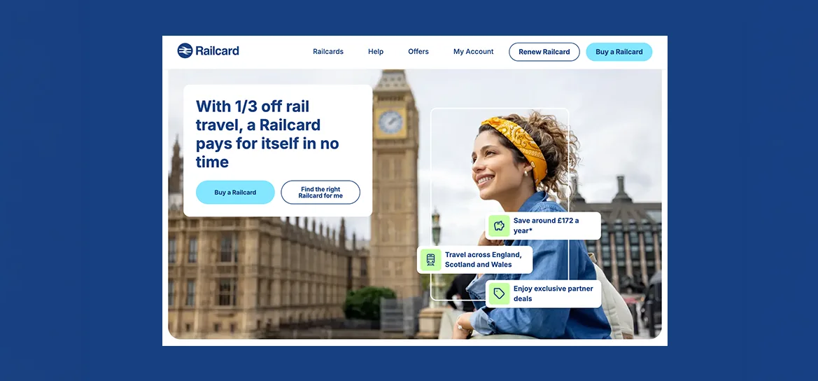 A smiling woman with a yellow headband in front of Big Ben, promoting Railcard savings of 1/3 off rail travel.