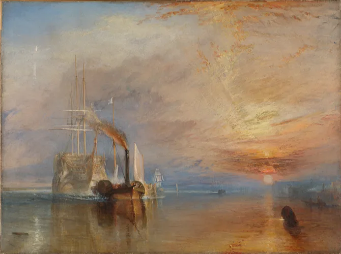 A historic painting of ships on the sea with the sun setting behind.