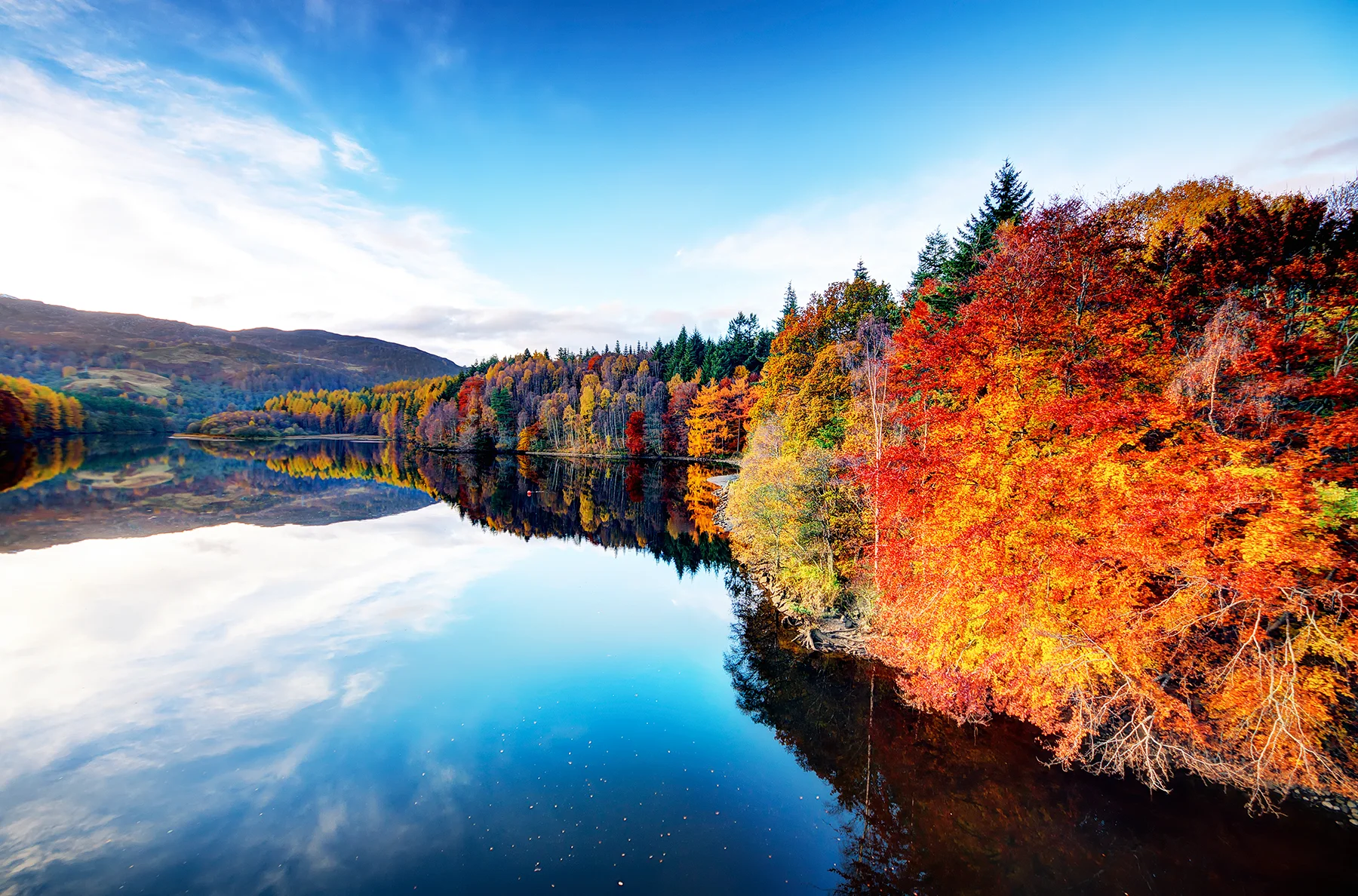 View of Loch Faskally in autumn with the trees on the bank displaying a wide range of brightly coloured leaves.