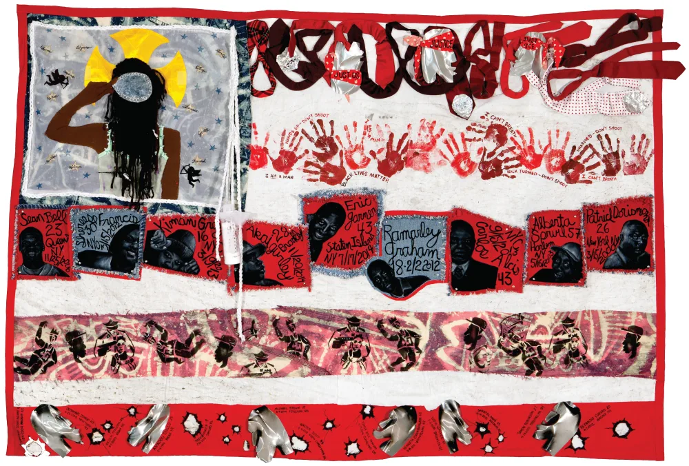 A vibrant piece of textile artwork, mostly in red and white.