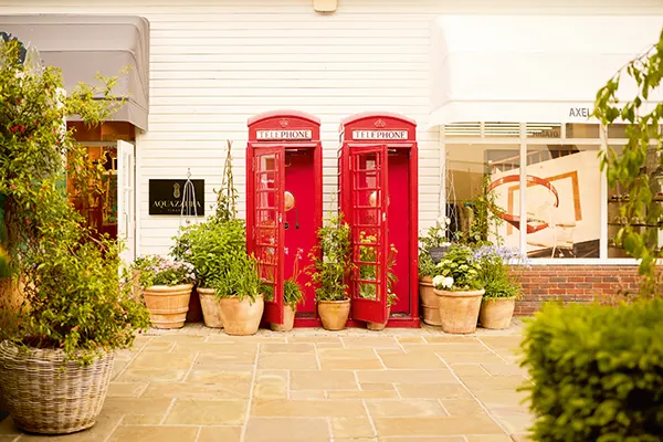 A paved pedestrian shopping area with 2 red telephone boxes surrounded by plants in terracotta pots. 