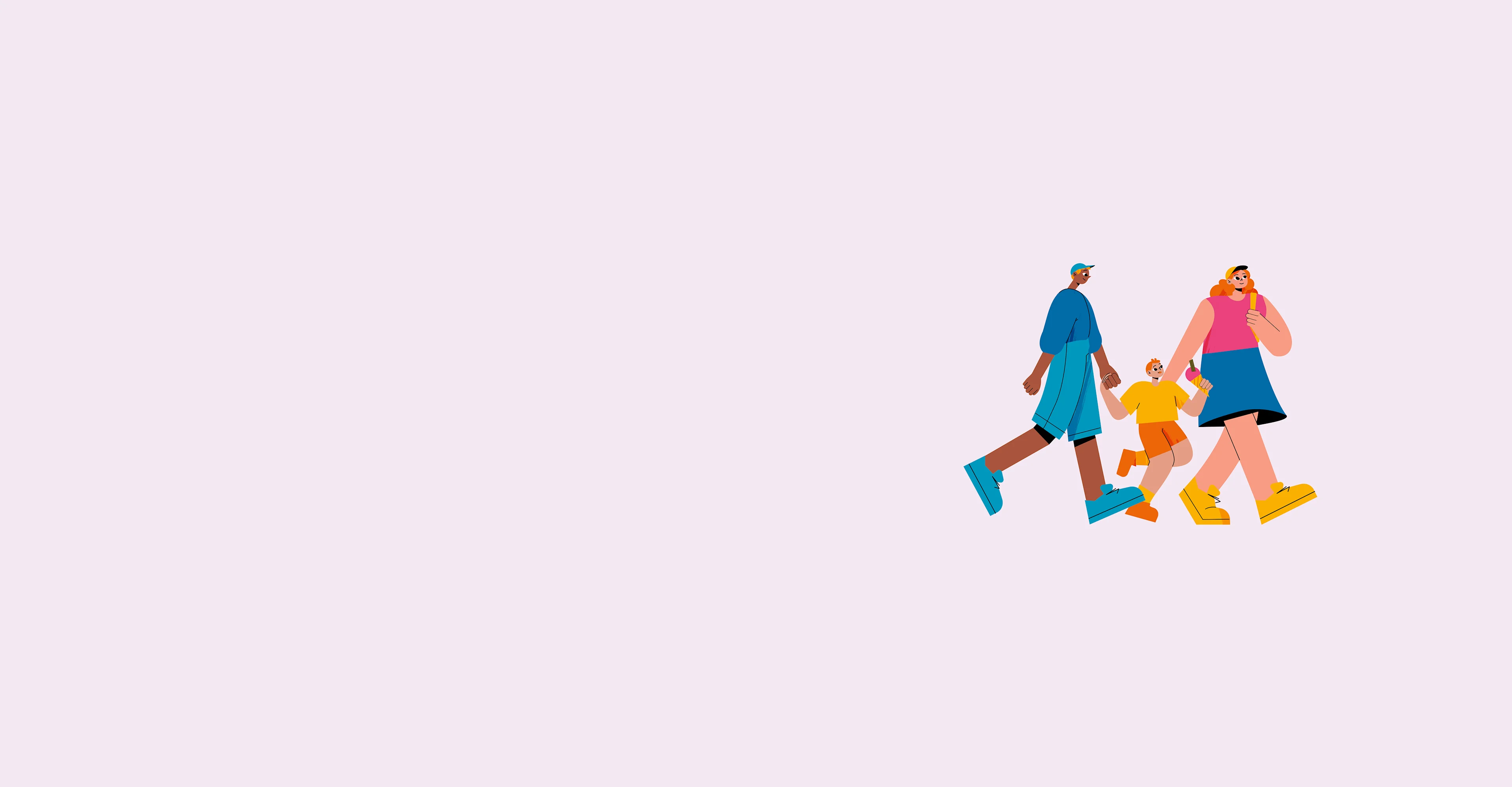 Illustration of a family of three walking together, with two adults holding hands with a young child between them.