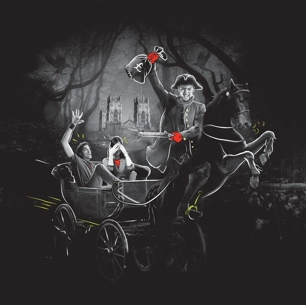 A part illustrated image of a highwayman on a black horse with 2 scared people in the attached carriage 