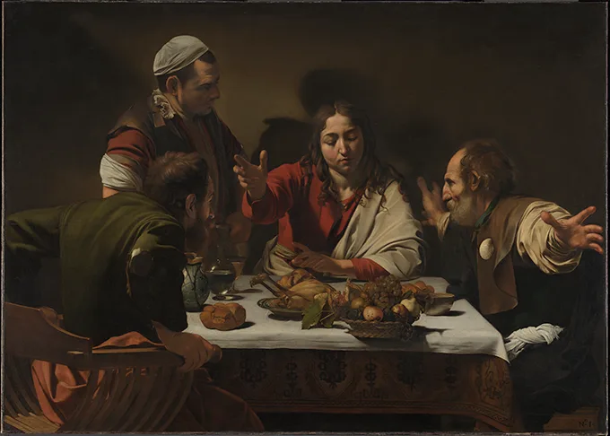 A historical religious painting of Jesus at a table blessing food.