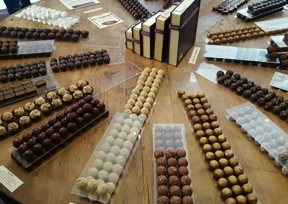 An array of fancy chocolates, from white to dark. 