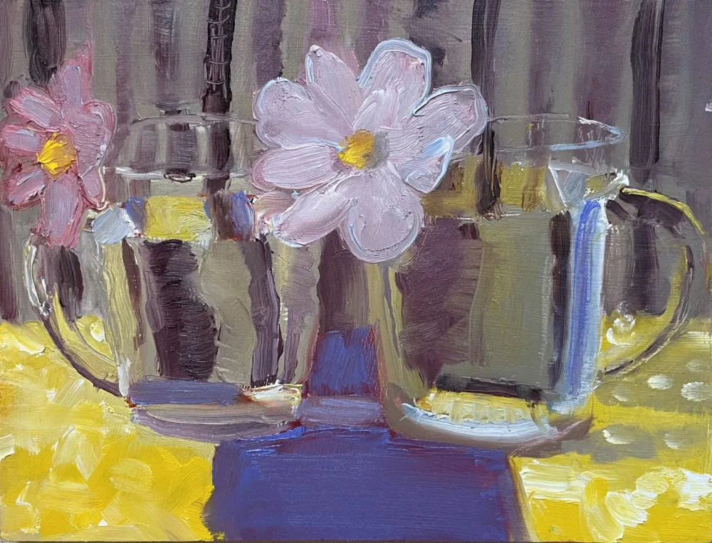 A still life painting of 2 glass jugs and 2 pink flowers. 