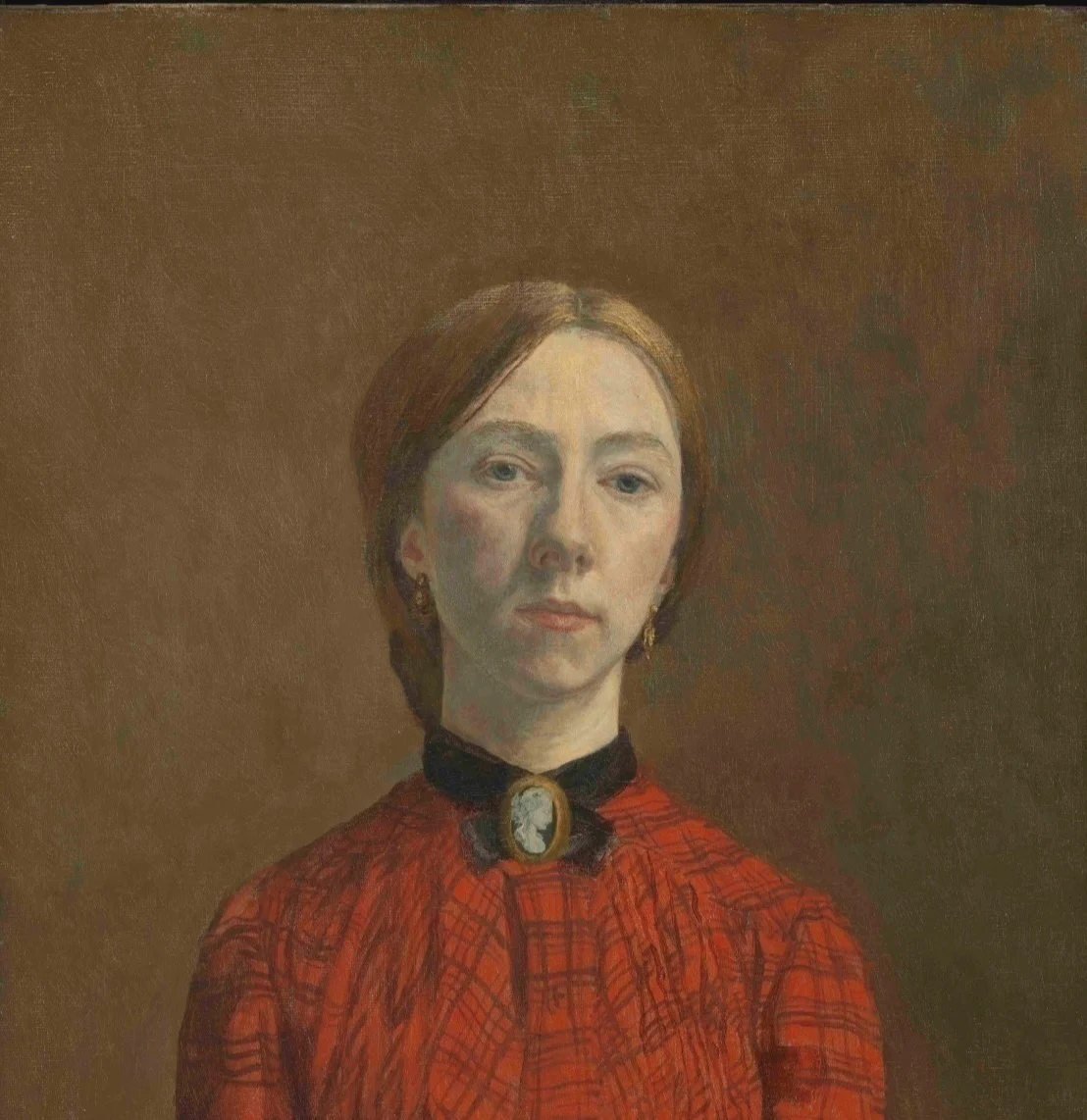 A portait of a white woman in a red dress with a black ribbon collar. 