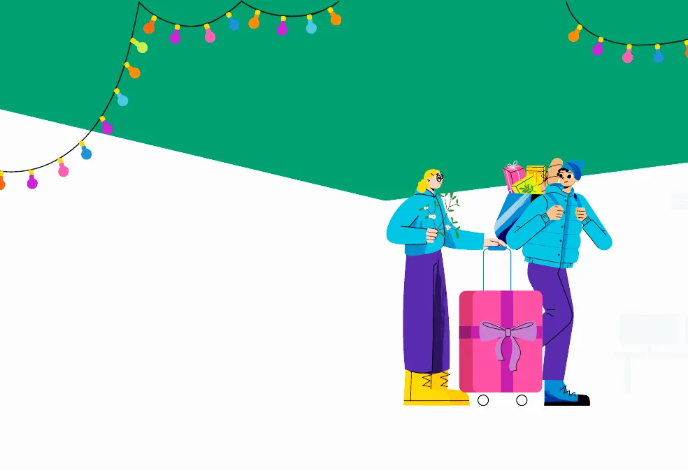 Two illustrated figures in teal jackets and purple trousers stand with a pink gift-wrapped suitcase and colourful presents underneath strings of colourful lights.