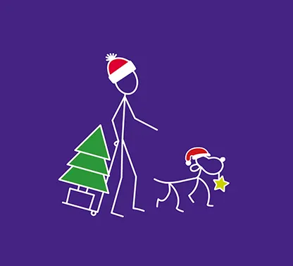 Stick figures of a person and a dog wearing Santa hats