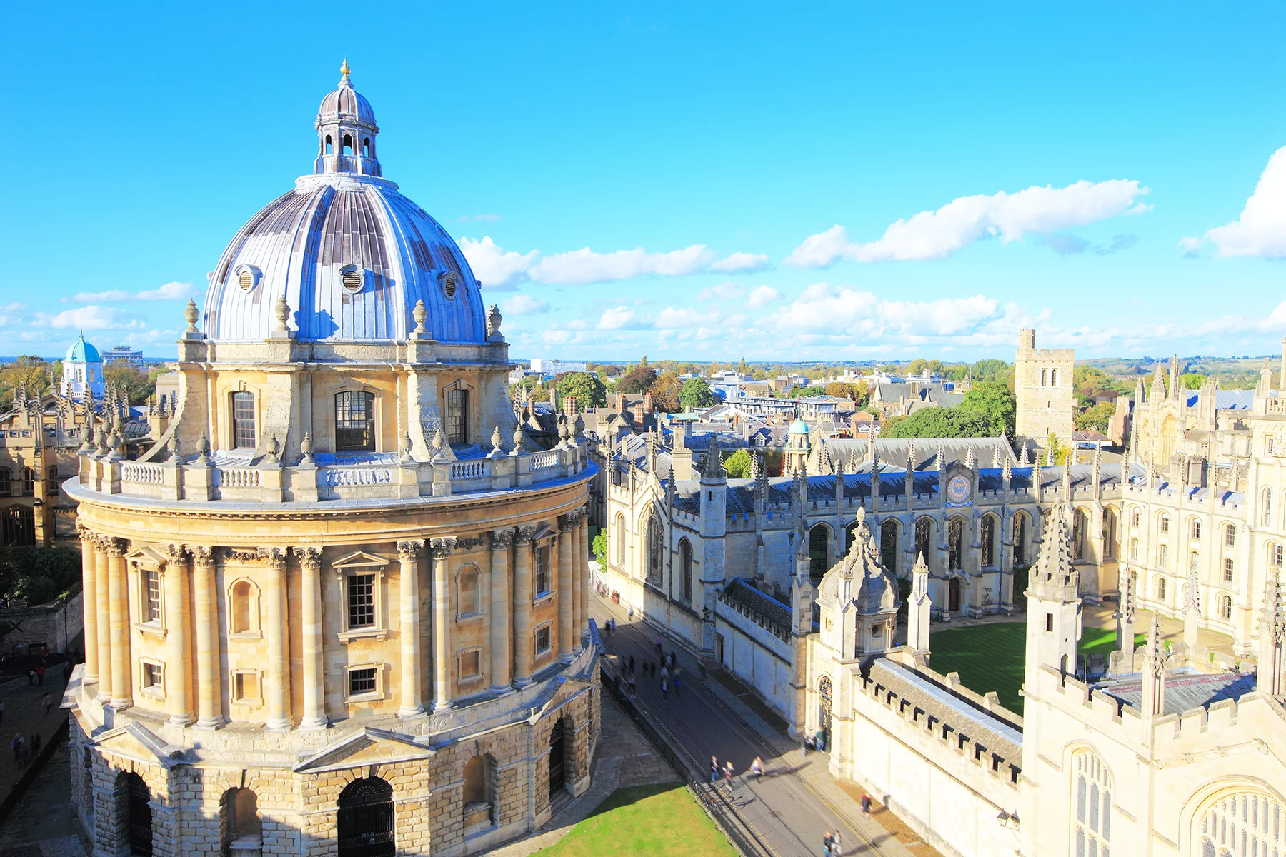 An Oxford chapel and college viewed from above