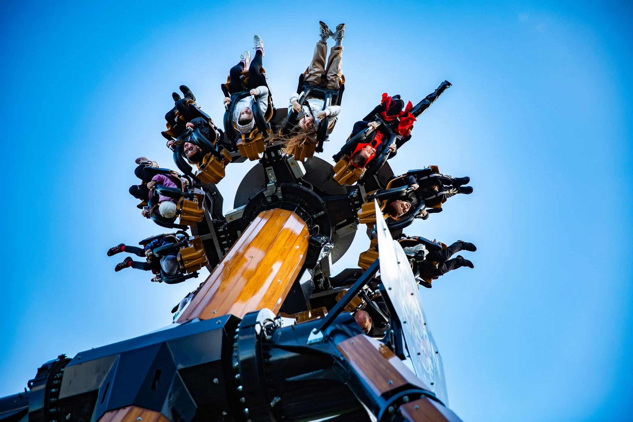 Riders flipped upside down on a theme park ride. 