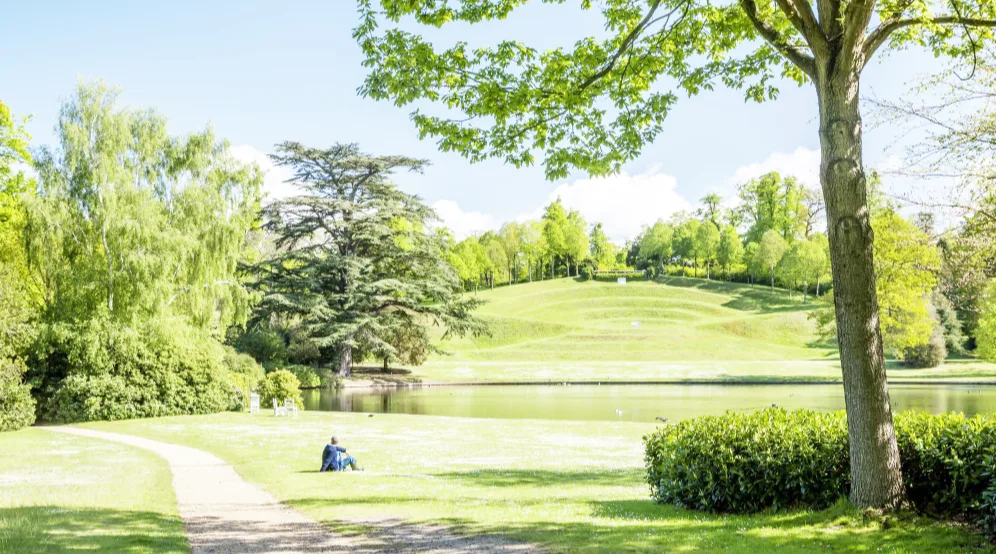 A lone man sits on a wide expanse of grass, looking over a lake and amphitheatre, on a sunny day. 